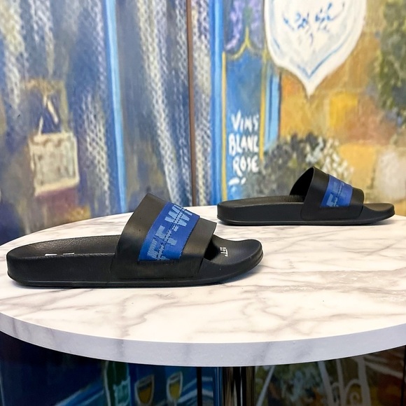 Off-White Industrial Belt Slide Sandals Black Blue Logo Size 39 GUC